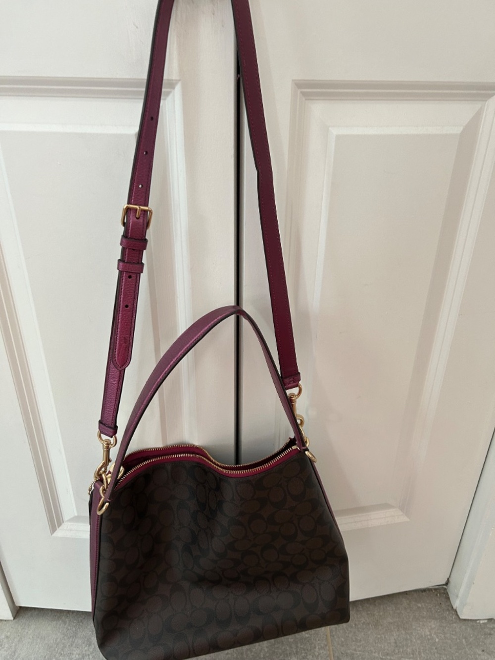 Coach Metallic berry color and brown signature bag - Picture 4 of 10